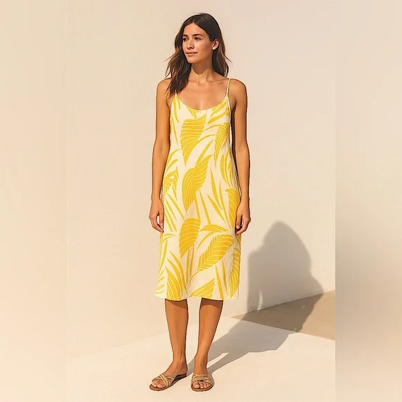 Lascana Yellow Tropical Leaf Print Sundress XL A-Line Belted Midi Dress NWT New - Picture 3 of 5
